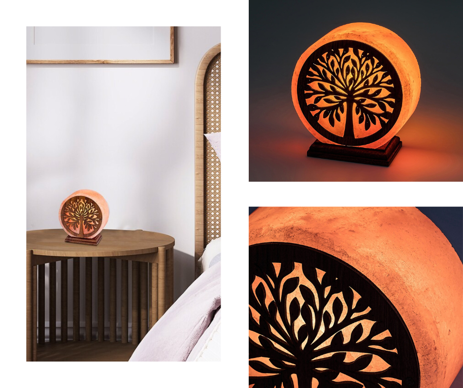 Отличителните черти на специалната лампа на Rábalux включват форма, напомняща дърво, вдъхновен от Изтока дизайн, изработен от тъмно дърво и естествени дърворезби от каменна сол между тях.